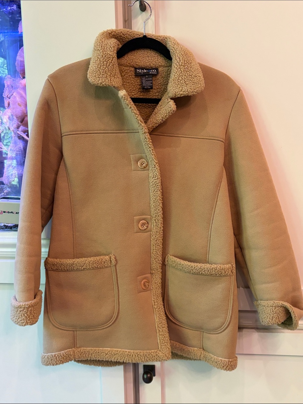 Style & Co. Tan Faux-Shearling Coat with Plush Trim